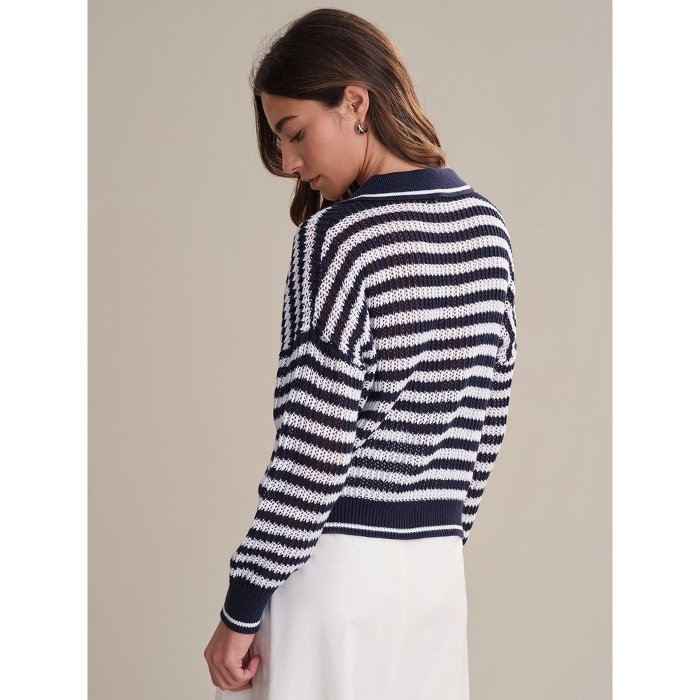 525 America Kimberly Cotton Navy Stripe Open Knit Polo Sweater XS Coastal Preppy - Picture 3 of 15